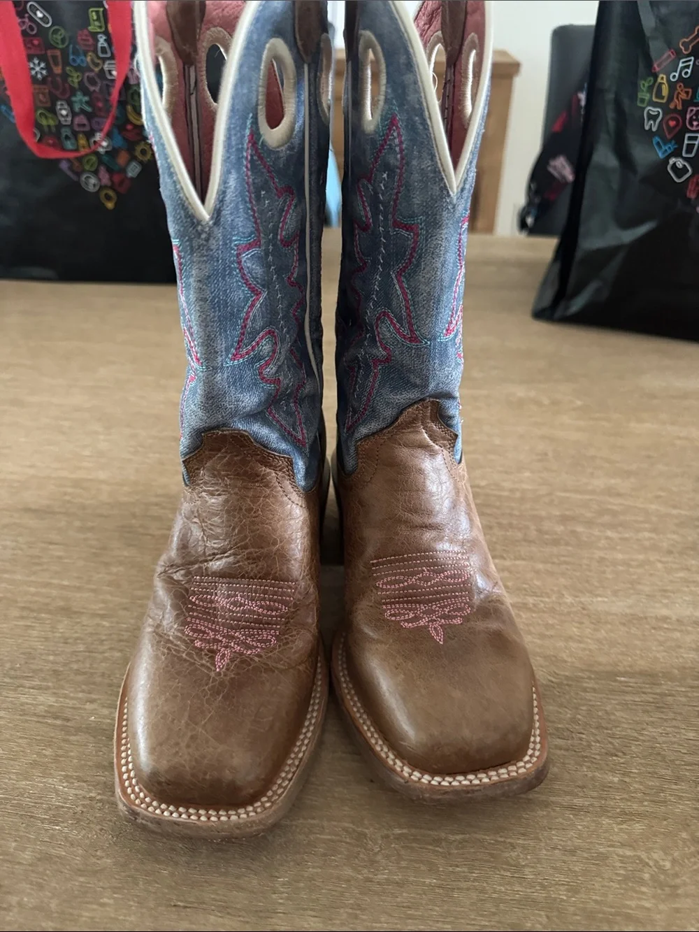 Roper Kids Brown Leather and Denim Pull-On Cowboy Boots with Pink Stitching